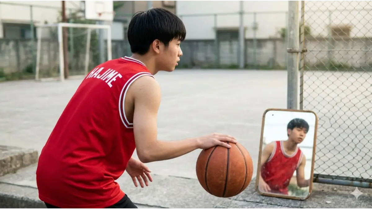 バスケ部の一人ドリブル練習でヘッドアップ姿勢を保つ日本人選手、HAJIME jersey、Portable Mirror