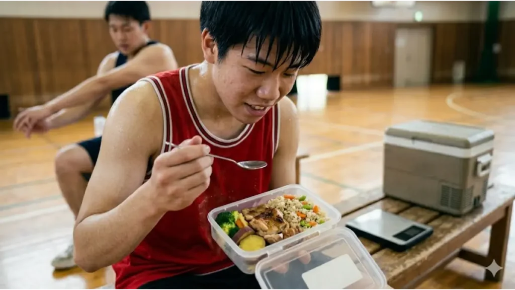 バスケ部の一人練習後に栄養バランスの良い食事を摂る日本人選手