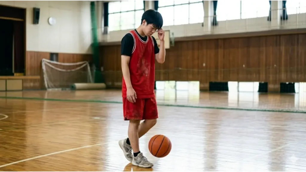 バスケ部の一人練習でドリブルが上達せず悩む日本人選手
