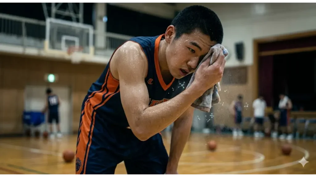 日本の体育館で激しいバスケットボールの練習後、大量の汗をかきながらタオルで顔を拭う高校生アスリート。汗とともに亜鉛などのミネラルが体外へ流出している様子を表現している。 