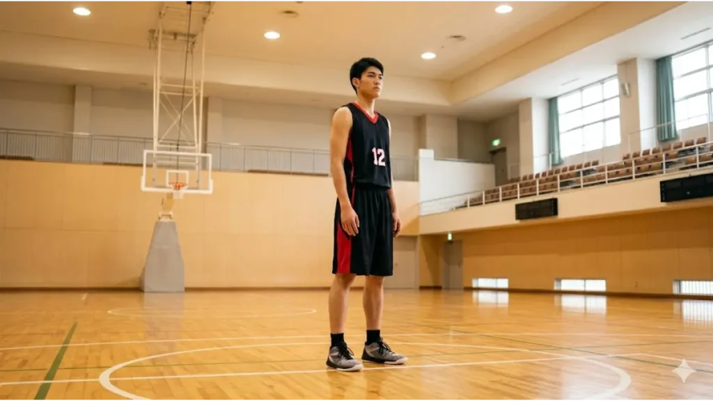 バスケ部の体育館で一人佇み、自身の役割と偏見に向き合う背の高い日本人選手のアイキャッチ画像