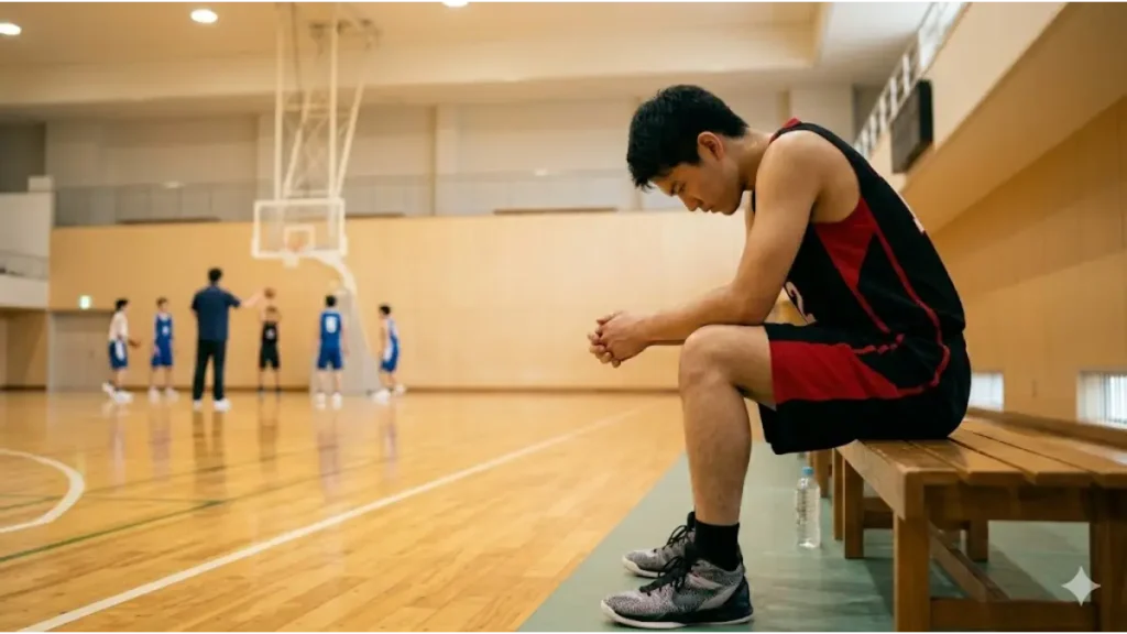 バスケ練習の合間に孤独を感じ、自身の役割と偏見に葛藤する背の高い日本人選手のイメージ実写