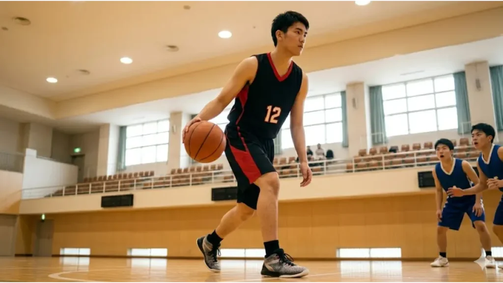 バスケ部で技術を磨き、重心の低さを活かして偏見に反論する背の高い日本人選手のイメージ実写