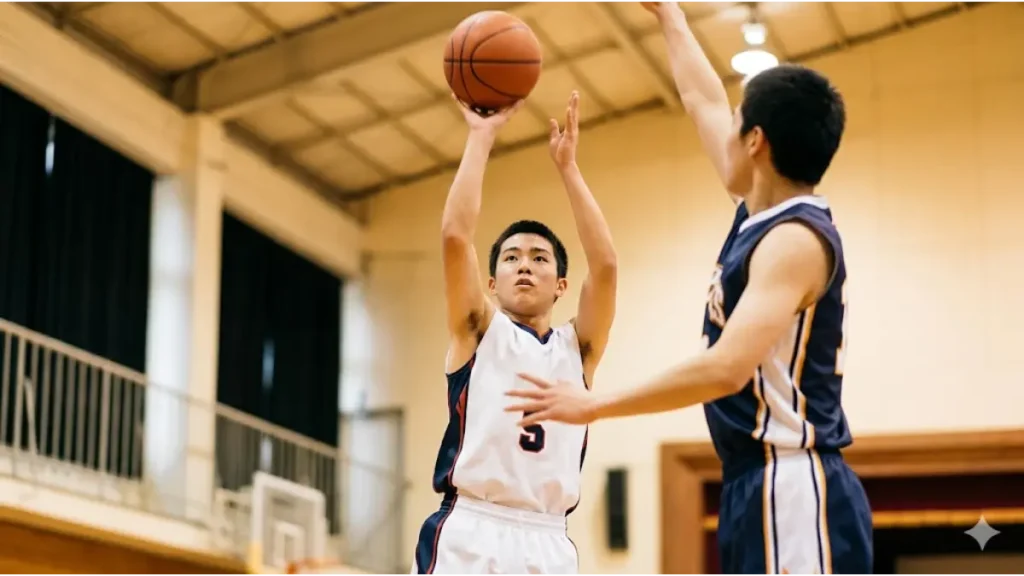 バスケの試合で、手の平で押し出すような動作でティアドロップシュートを放ち、ディフェンダーのブロックタイミングを外す日本人選手。