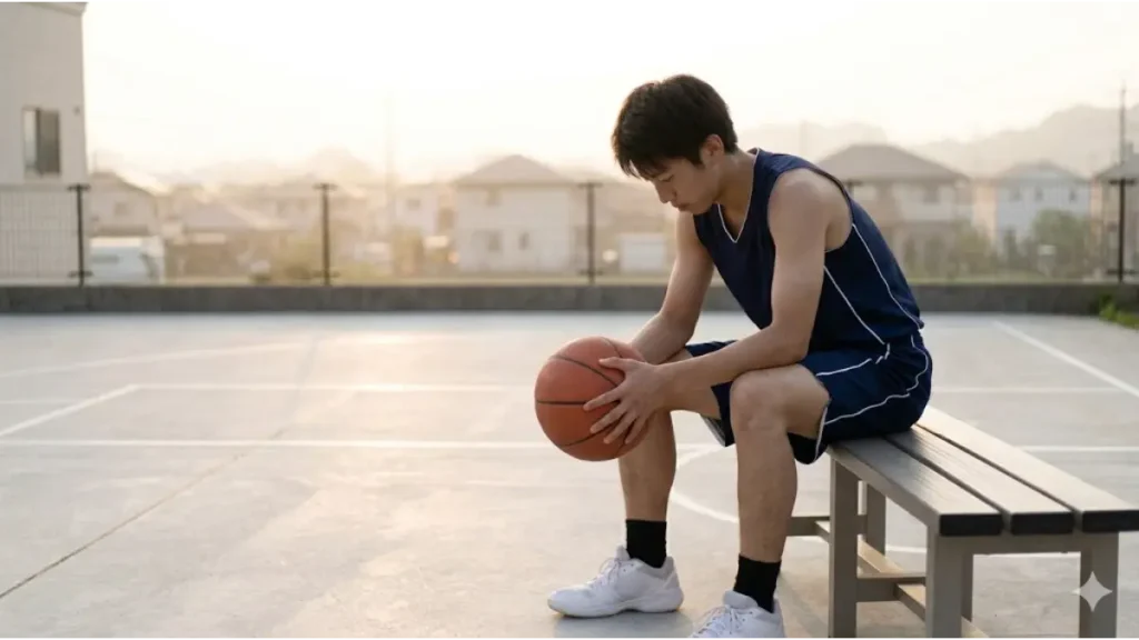 自宅庭のコートのベンチに座り、落胆した表情でバスケットボールを持つ日本人の男子高校生バスケ部員。身長差のある相手に勝てなかった悔しさを表現。