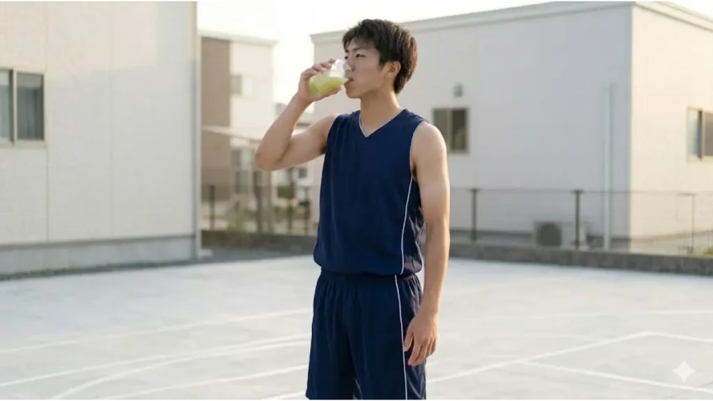 自宅庭のコートで、トレーニング後に薄緑色のドリンクを飲む日本人の男子高校生バスケ部員。成長期の栄養補給を象徴。
