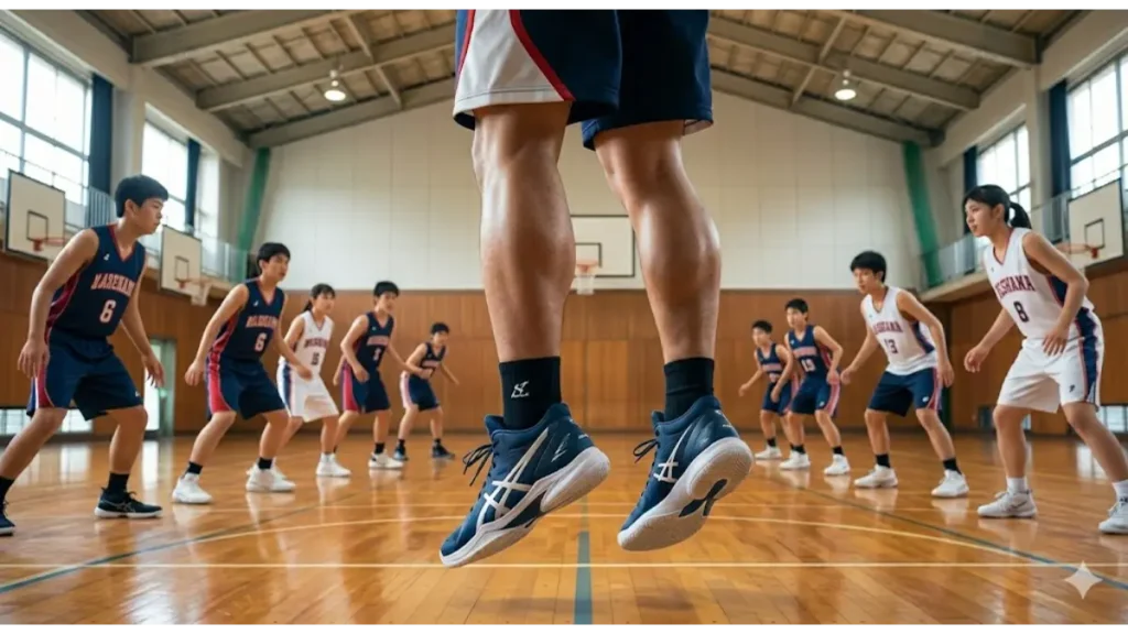 バスケの練習でジャンプする日本人選手のふくらはぎとバッシュの躍動感あるシーン