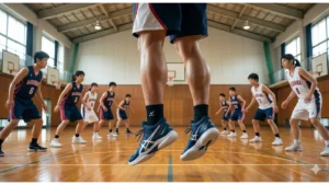 バスケの練習でジャンプする日本人選手のふくらはぎとバッシュの躍動感あるシーン