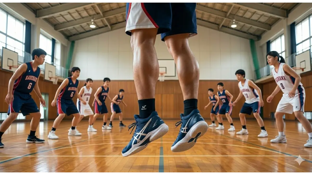 バスケの練習でジャンプする日本人選手のふくらはぎとバッシュの躍動感あるシーン