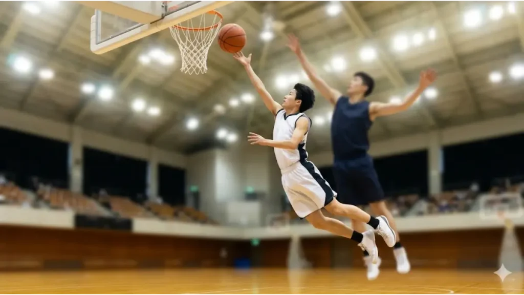 小柄な選手がジャンプしてボールを指先で弾き出すティップアウトの瞬間