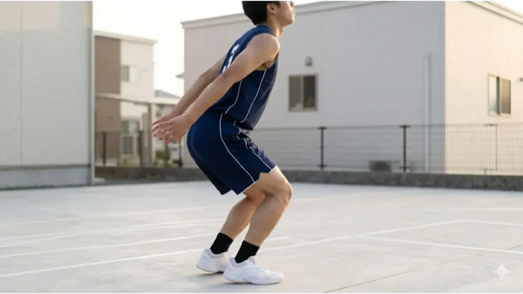 自宅庭のコートで、垂直跳びの動作直前、トリプルエクステンション（股関節、膝、足首の同時伸展）のために身体を沈める日本人の男子高校生バスケ部員。