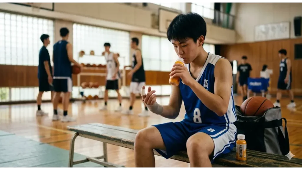 バスケ部の練習中に突き指のテーピングをしながら栄養ドリンクでリカバリーを図る中学生男子選手