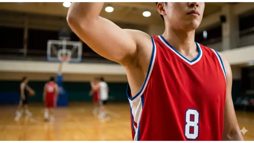 試合中に腕を上げて清潔な脇を見せる、身だしなみを戦略的に整えたバスケ部員