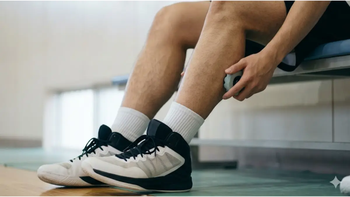 バスケユニフォームを着用し、黄金比を意識してソックスを調整する日本人男子学生