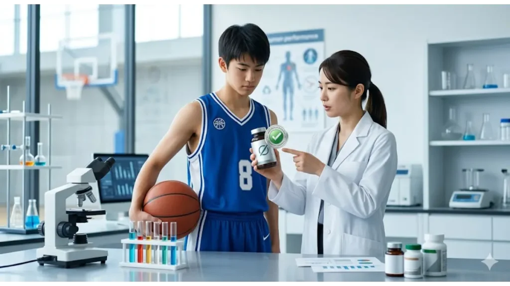 日本のスポーツ科学研究所で、白衣を着た専門家がサプリメントボトルを指差し、バスケットボール選手にアンチドーピング認証マーク（架空）について説明している。清潔なラボ環境で、安全性と信頼性を視覚化。バスケ部員のユニフォームも見える。
