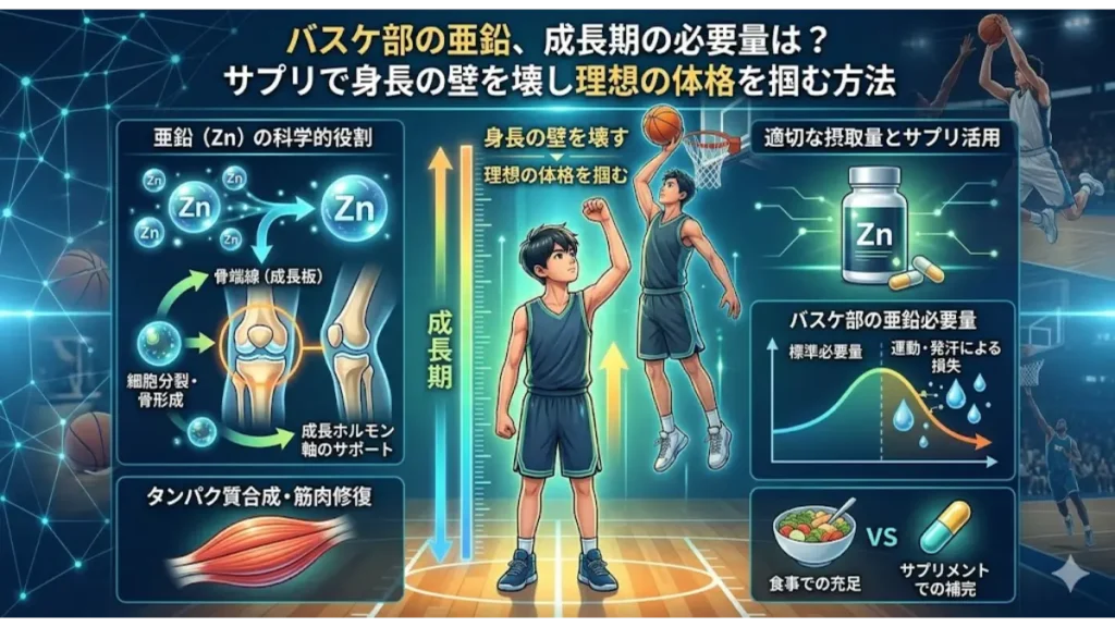 バスケ部の成長期における亜鉛の必要量と、サプリメントを活用して身長の壁を壊し、理想の体格を掴む方法を解説したインフォグラフィック。骨端線（成長板）の活性化、成長ホルモン軸のサポート、タンパク質合成・筋肉修復、運動・発汗による損失、食事とサプリメントの比較など、科学的な情報を網羅したSEOに強い画像。