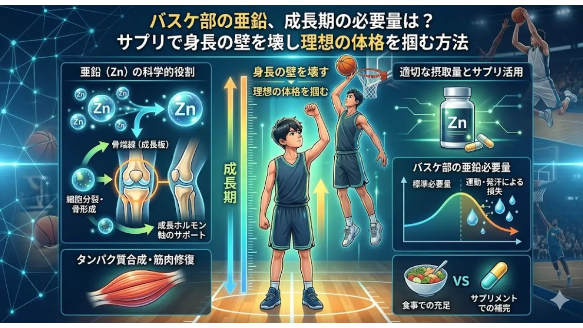 バスケ部の成長期における亜鉛の必要量と、サプリメントを活用して身長の壁を壊し、理想の体格を掴む方法を解説したインフォグラフィック。骨端線（成長板）の活性化、成長ホルモン軸のサポート、タンパク質合成・筋肉修復、運動・発汗による損失、食事とサプリメントの比較など、科学的な情報を網羅したSEOに強い画像。