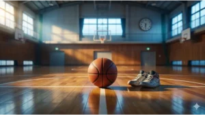 早朝の静かな日本の中学校・高校の体育館で、コート上にバスケットボールとシューズが置かれているアイキャッチ画像。朝練の始まりを象徴。