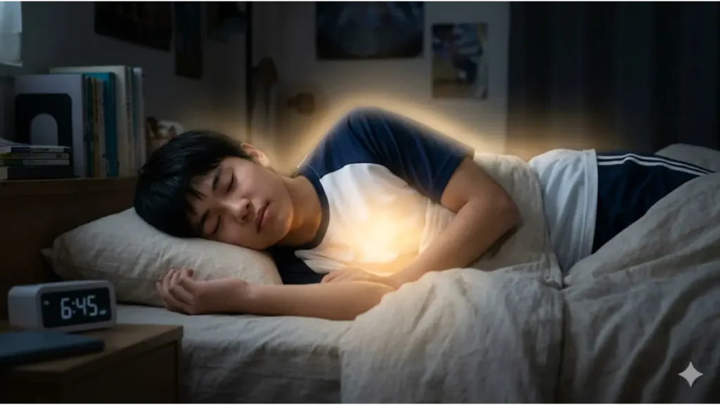 深い睡眠をとる日本人の生徒と、その体内で分泌される成長ホルモンを象徴する光。睡眠は成長に不可欠。