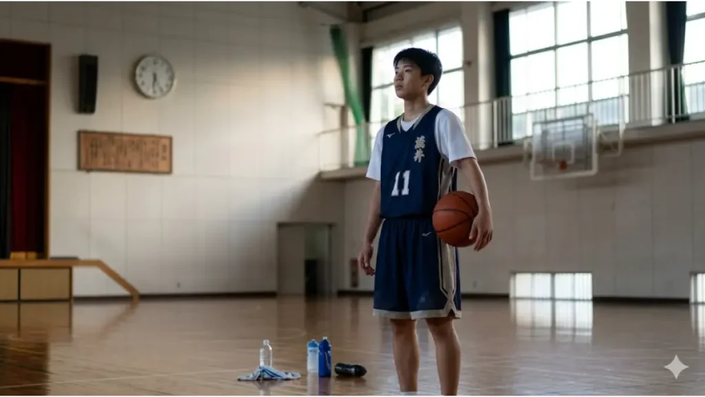 早朝の静かな日本の中学校・高校の体育館で、コート上にバスケットボールとシューズが置かれているアイキャッチ画像。朝練の始まりを象徴。