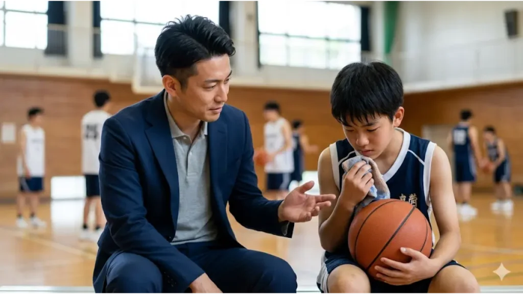 現在のハジメ（成長期戦略アナリスト、日本人男性）が、バスケ部朝練を頑張る158cmの若い自分を見つめ、正しい身体戦略を伝えているイメージ。