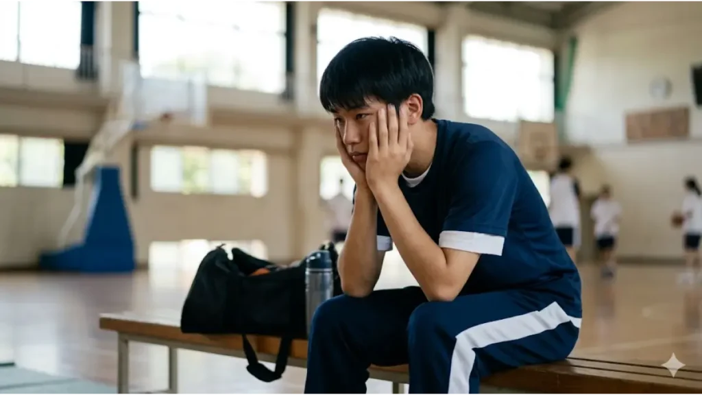 午後の授業中に眠気と戦う日本人のバスケ部員たち。朝練の疲労が蓄積している様子。