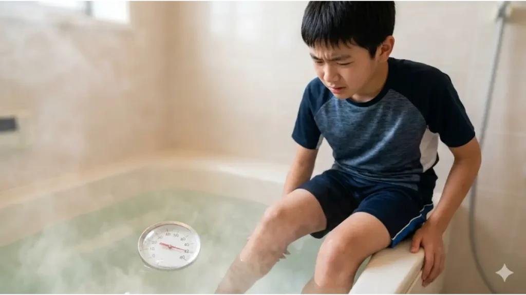 入浴中の腕の皮膚に付着する多数の微細な炭酸気泡のクローズアップ写真。重炭酸イオンが血流を促進するメカニズムを視覚化。