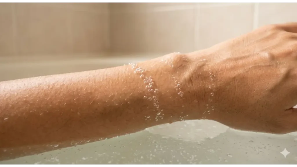 入浴中の腕の皮膚に付着する多数の微細な炭酸気泡のクローズアップ写真。重炭酸イオンが血流を促進するメカニズムを視覚化。