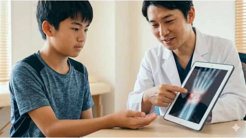 小児科クリニックで、日本人男子中学生が医師（男性）と一緒にタブレット端末のレントゲン画像を見ている。医師が「骨の年齢」（骨格年齢）について説明し、体の成熟度を確認している。