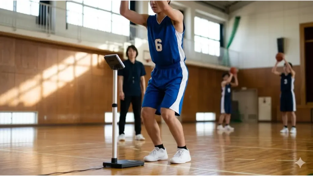バスケ部の中学生男子が体育館で垂直跳びの精密測定に挑む姿