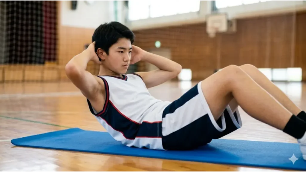 体育館のマット上で、集中してクランチ（腹筋運動）をするバスケ部の男子中学生。