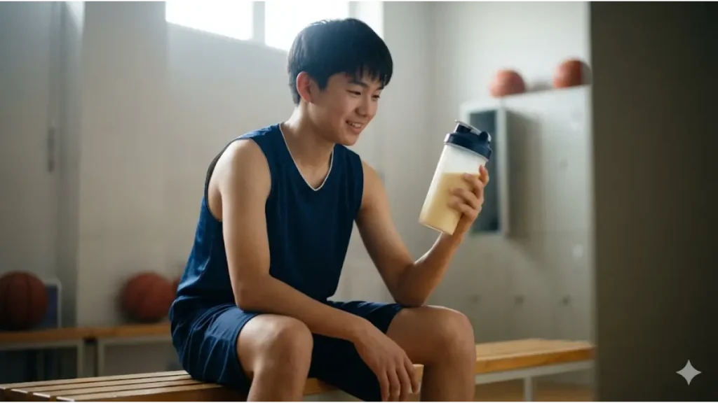 体育館の更衣室で、練習後に栄養補給としてノビエースを飲む男子高校生バスケ部員。