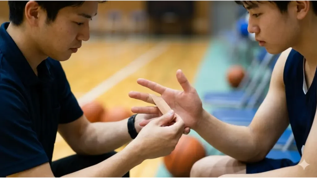 体育館のサイドラインで、日本人男子バスケットボール選手の右手に、隣り合う指を一緒に固定するバディテーピングを施す男性トレーナー。