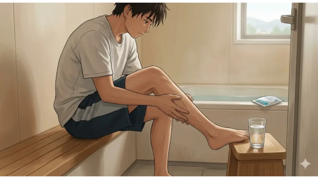 自宅の浴室で、入浴後の足をセルフマッサージする日本人の男子高校生アスリートの実写写真。隣にミネラル水と栄養サプリメントが置かれ、休息と栄養補給による回復を象徴。