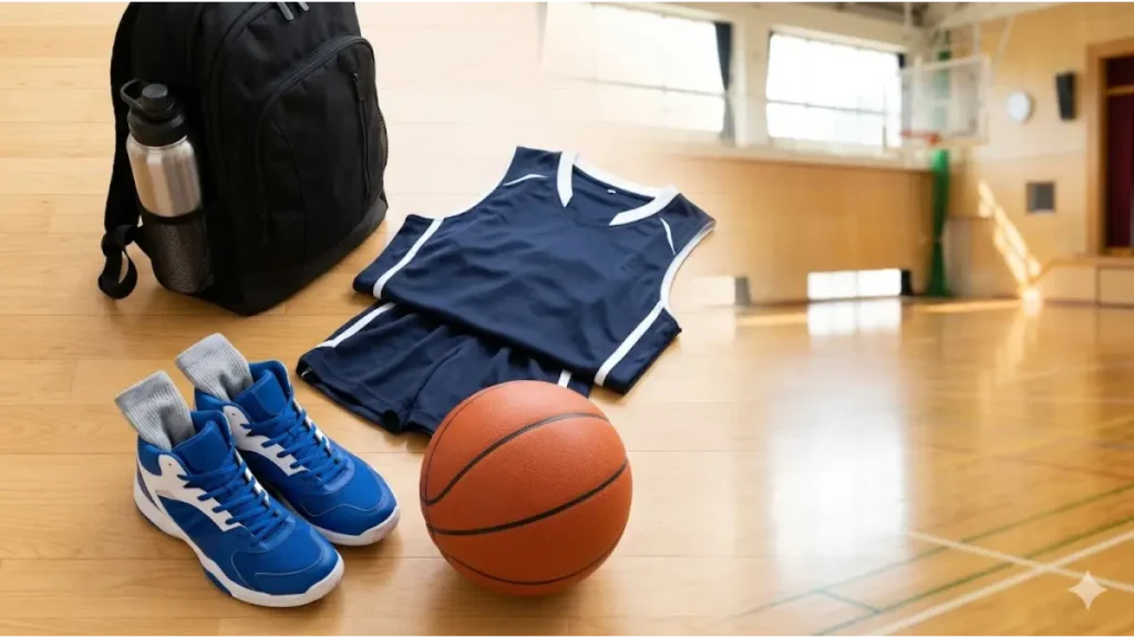 木製の体育館の床に、新品の青いバッシュ、バスケットボール、畳まれたネイビーの練習着、水筒が並べられている、初心者の準備完了風景。