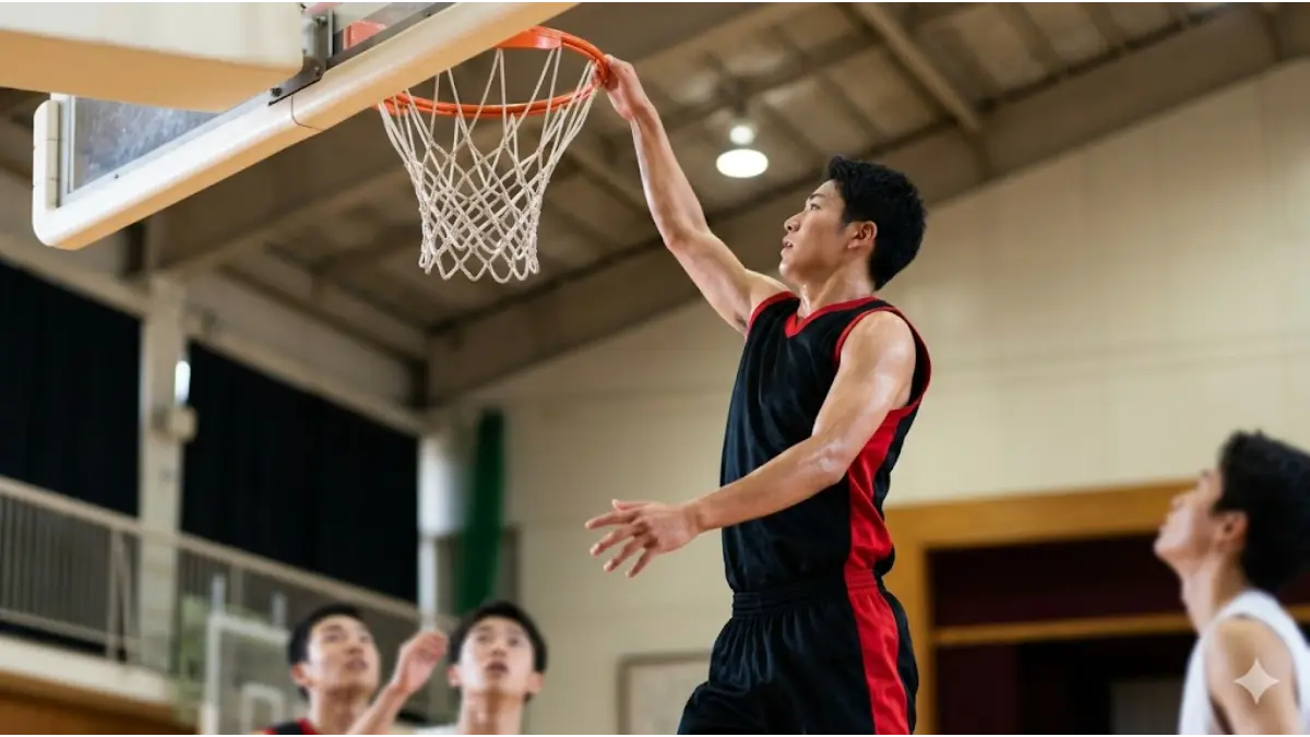 バスケ部で最高到達点300cmを突破する条件を解説：身長と垂直跳びの重要性を表す画像。アジア人バスケットボール選手がリングを掴むアクション写真。