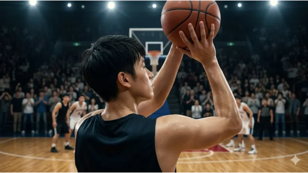 緊張感漂うアウェイの試合で集中してフリースローを打つ日本人バスケ選手