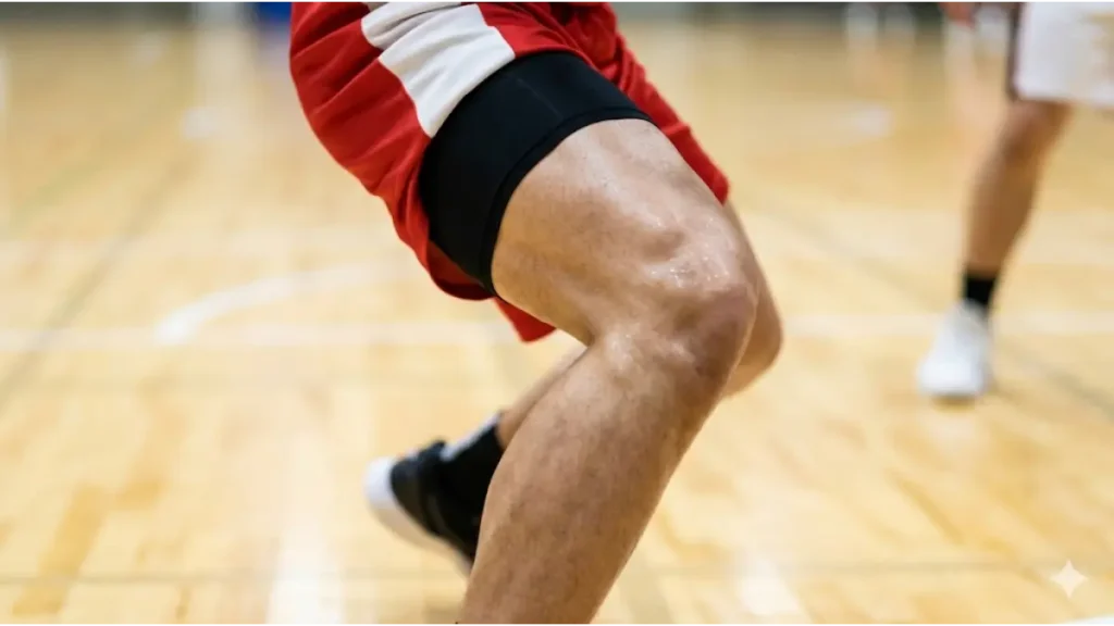 バスケのディフェンスで、地面を強く踏みすぎたために太ももの筋肉（大腿四頭筋）が硬直している様子。反応速度低下の原因。