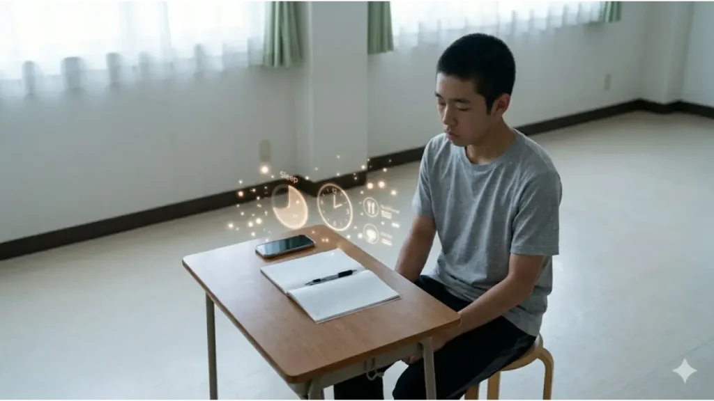 強豪バスケ部の寮生活と自己管理：スマホの使用制限やカロリー計算データを physical phone と notebook で管理する日本人少年。