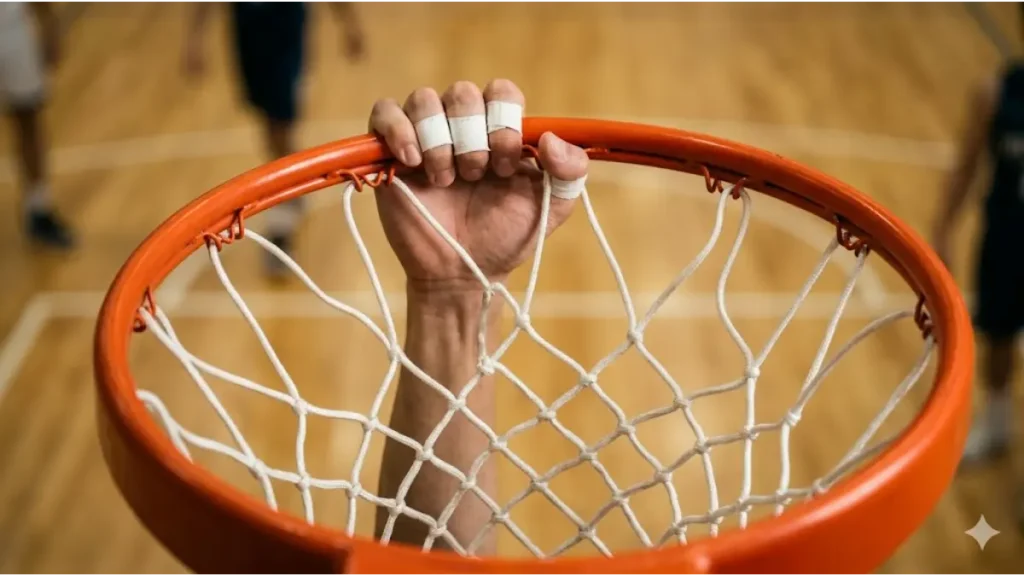 ダンク成功！バスケリングを掴む瞬間の高揚感を表すアジア人選手の画像。