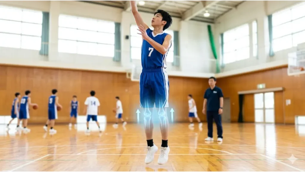 バスケットボール体育館の木床の上で、成長期の日本人男子学生が垂直跳びを行い、骨端線に適切な刺激を与えている。実写画像。