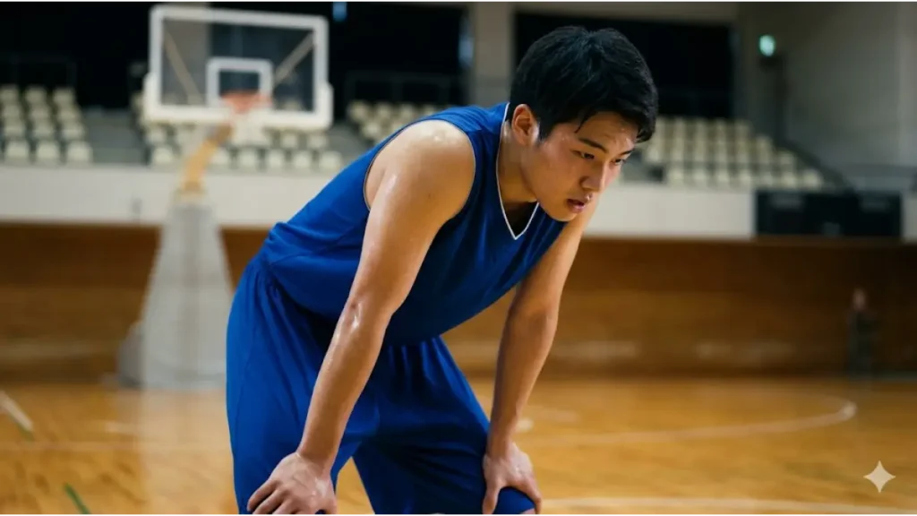激しい練習の合間に肩で息をしながら体力を消耗しているバスケ部員