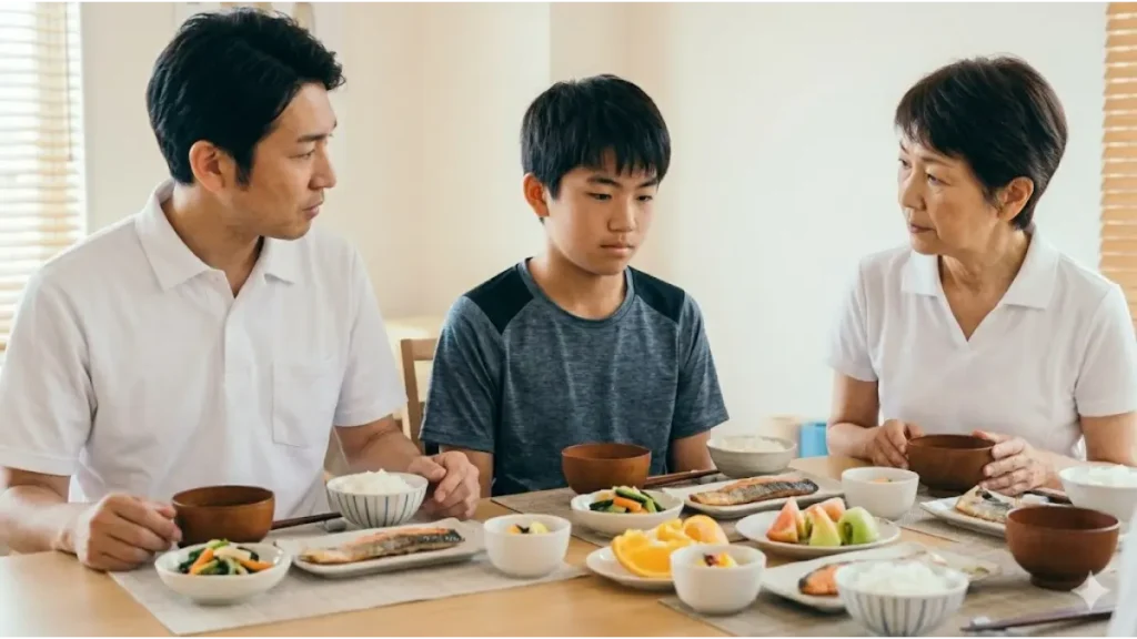 食卓を囲む日本人の家族（父親、母親、男子中学生）。息子が食事をあまり食べていない様子で、両親が心配そうに見守っている。成長期の子供の栄養不足やエネルギー不足を懸念している。