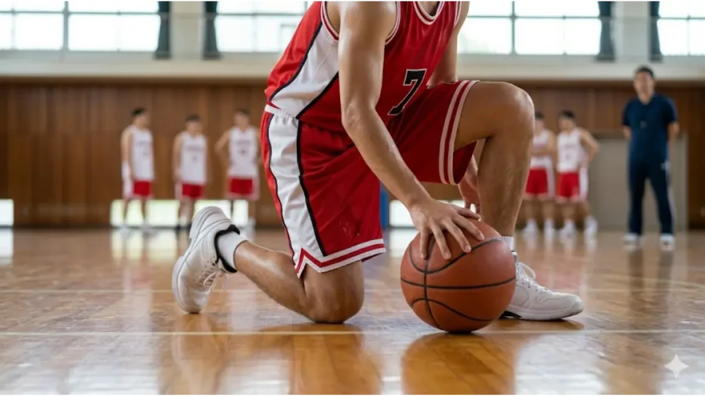 体育館の木床コートでバスケットボールを両手でしっかりと保持する、日本人高校生男子の後ろ姿。外周走り込みを廃止し、オンコート練習に特化した結果を示す実写風画像。
