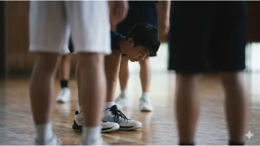 体育館の床に腰を下ろし、少し slumped な姿勢で自分のバスケットシューズを見つめる、小柄な日本人男子高校生。