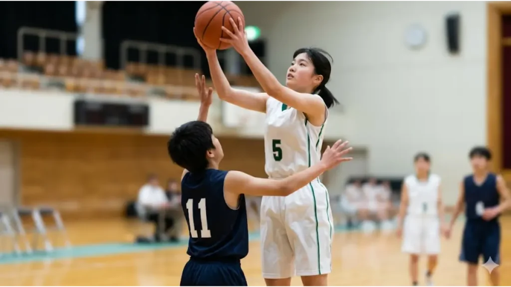 バスケ部の中学生女子がリバウンド争いで男子選手を凌駕して跳躍する瞬間
