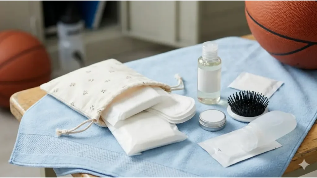 バスケ部合宿の女子部員向け衛生用品セット（サニタリーポーチ、ナプキン、スキンケア、ヘアブラシ、除菌シート）の16:9画像