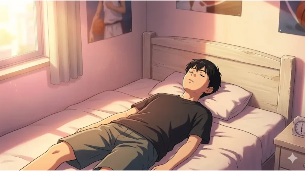 朝方、静寂な自室で深く眠りにつく日本人の男子中学生。成長ホルモン分泌を促す質の高い睡眠と休養の重要性を表現。