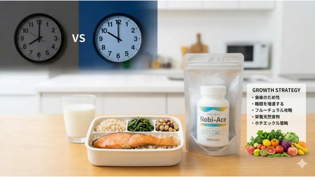 成長期の栄養補給として、バランスの良い食事とサプリメント（ノビエース）の活用例。