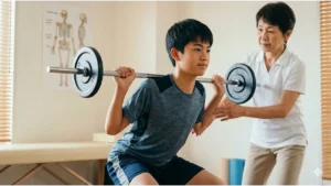 日本人の男子中学生がスポーツクリニックで、専門の指導員に見守られながら、適切なフォームで軽い筋力トレーニングを行っている。怪我を予防し、安全に体を鍛える方法を学んでいる。